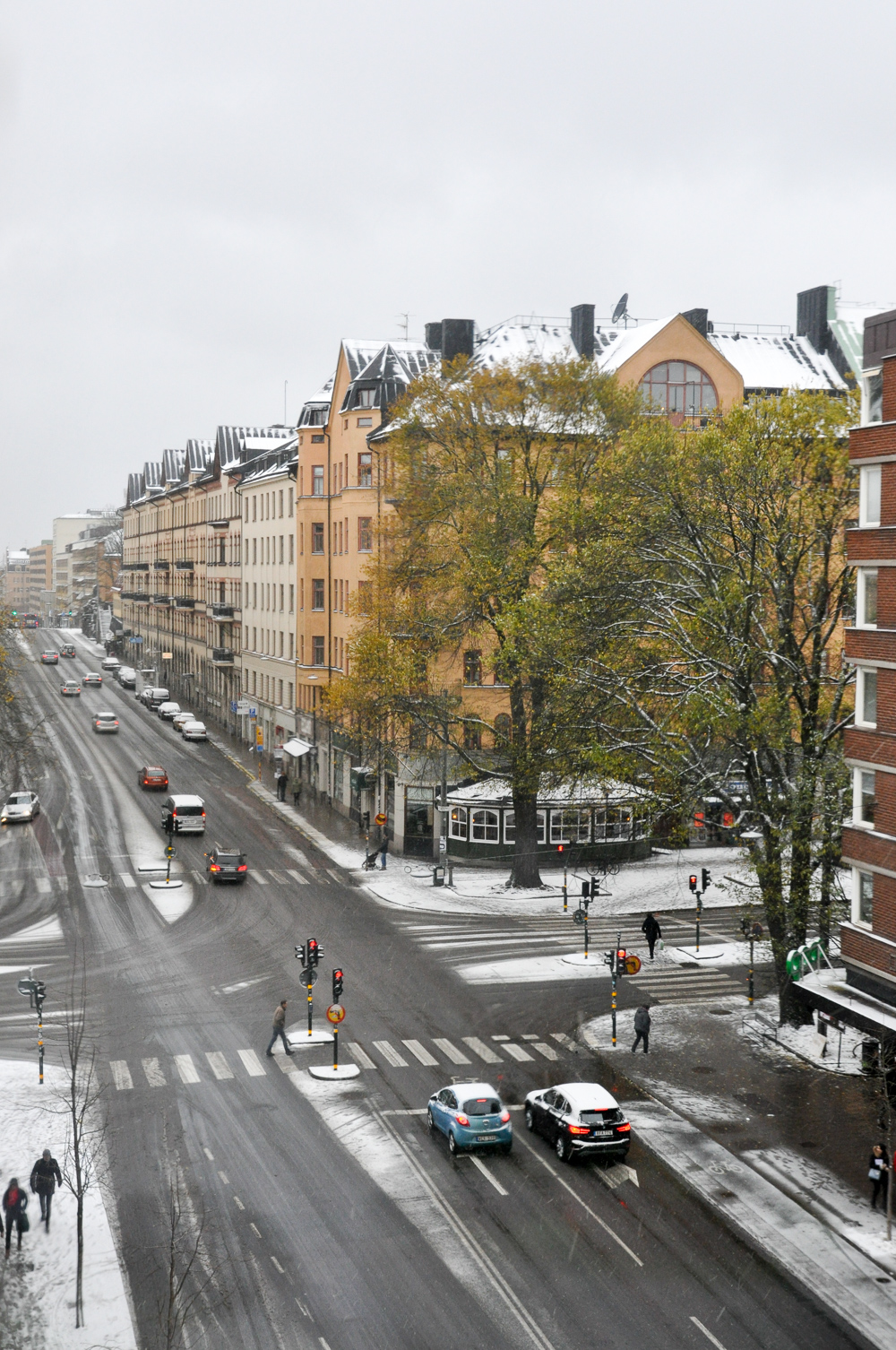 First snow blanketing the streets of Södermalm
